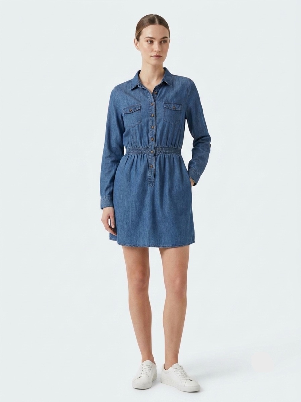 Fun & Flirt, Blue Denim Long Sleeve Shirt Dress - M